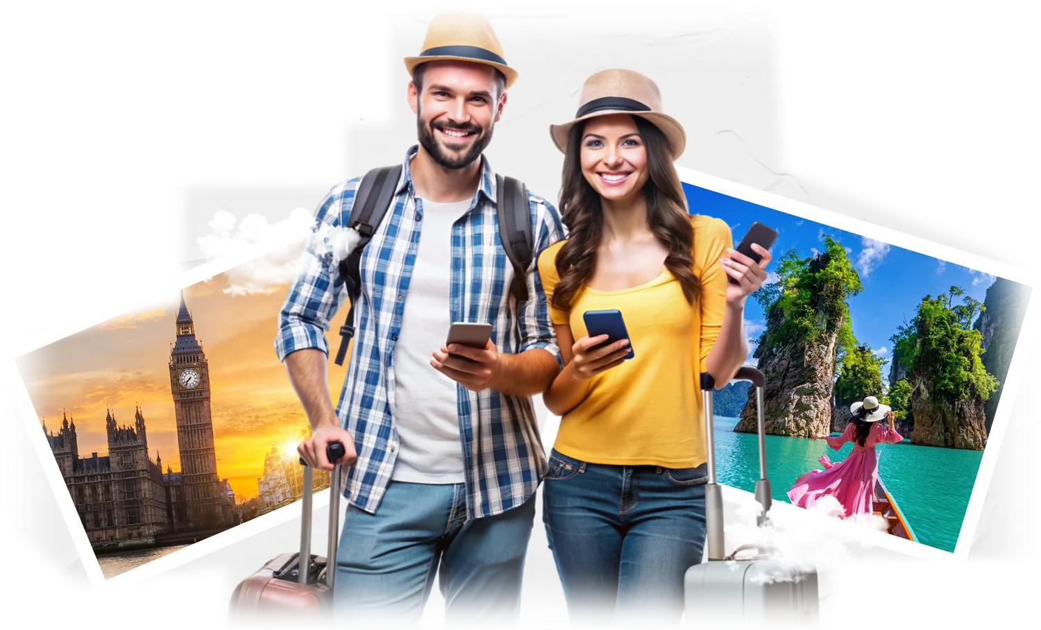 Two travelers with their suitcases, between pictures of London and Thailand