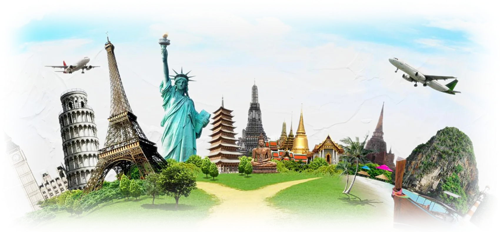 Landmarks from around the world along one road, with airplanes overhead