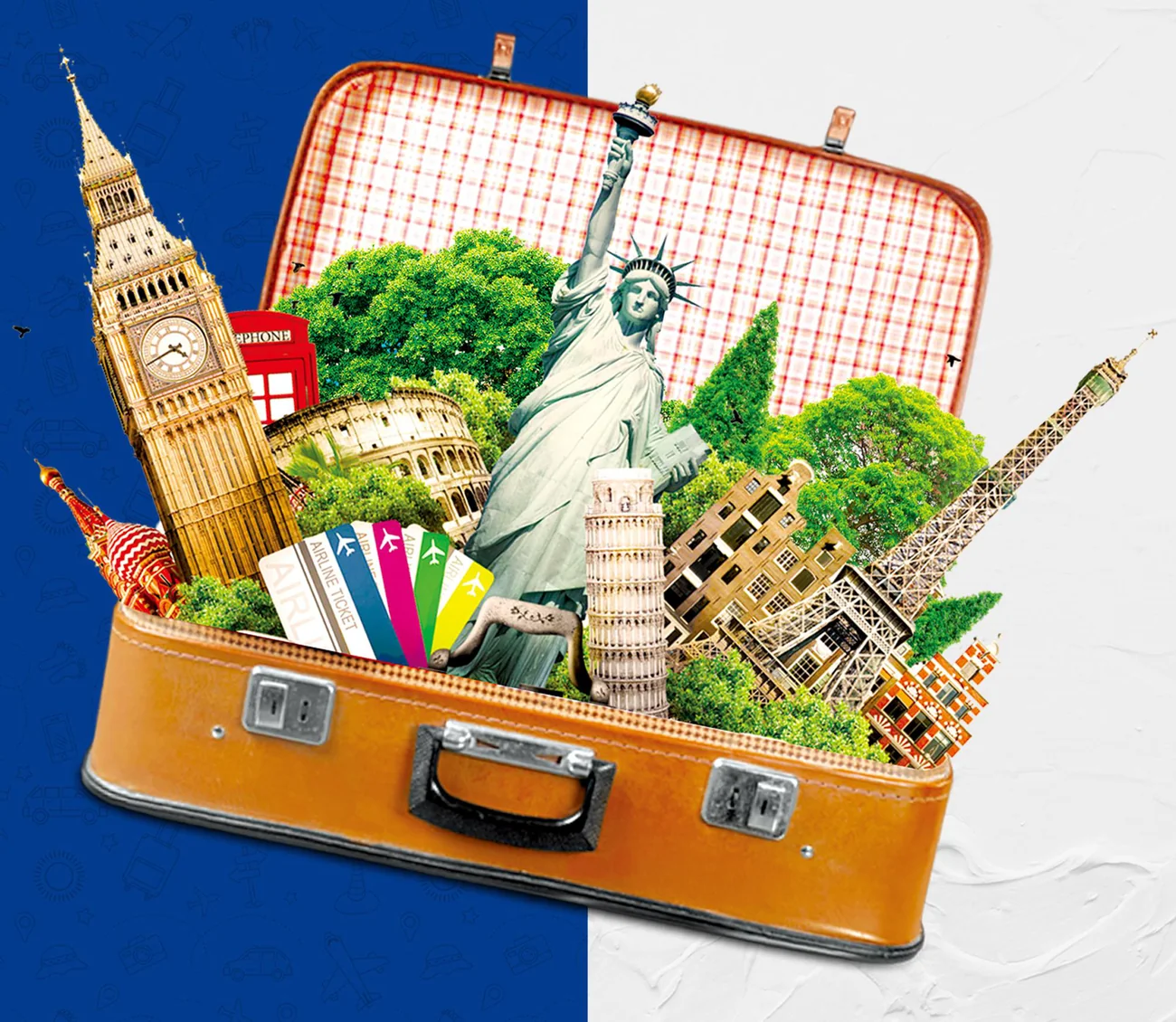 An open suitcase filled with the world's landmarks